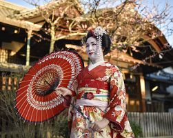 Japonská gejša v ulicích Kjóta