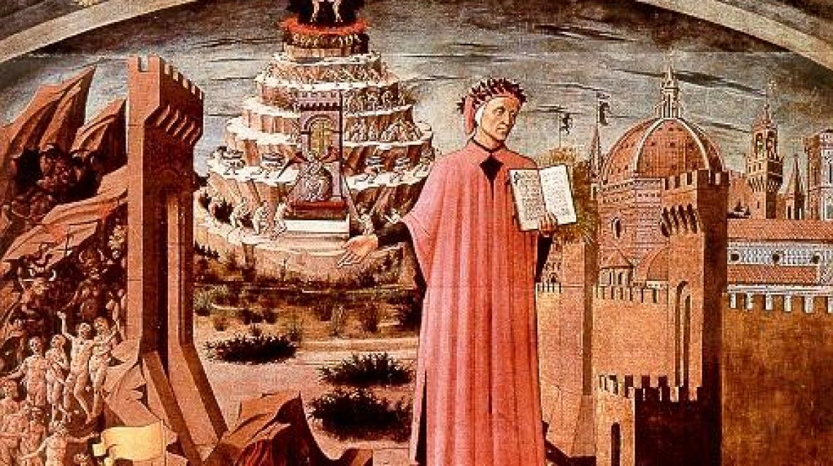 Malba Danteho, který v ruce drží své dílo, Božskou komedii