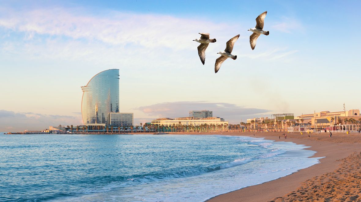 Pláž Barceloneta vyzývá k ranním procházkám i odpolednímu koupání