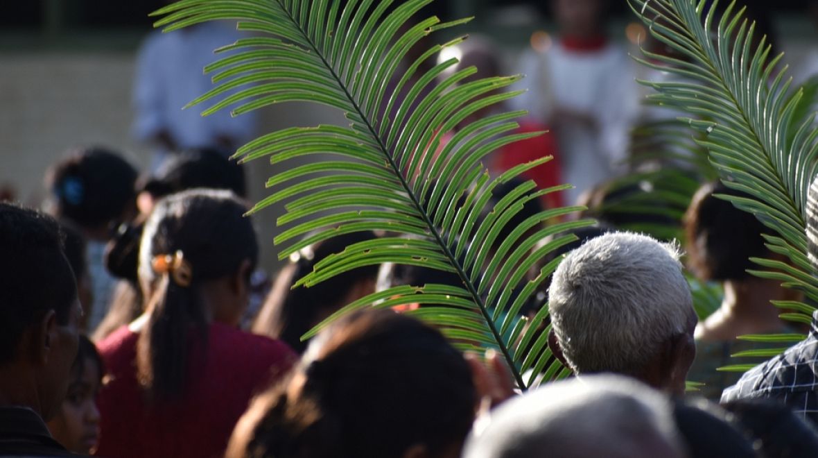Lidé na mše nosí palmové listy