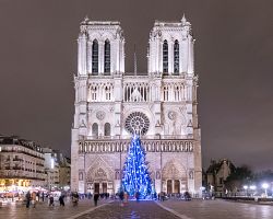 Majestátní katedrála Notre-Dame v Paříži s vánočním stromem