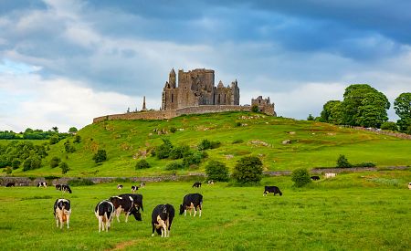 Idylický pohled na Rock of Cashel uprostřed zelené irské přírody…