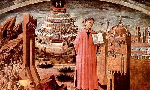 Malba Danteho, který v ruce drží své dílo, Božskou komedii
