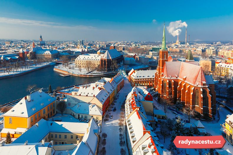Pohled na nádherně zasněženou Wroclaw