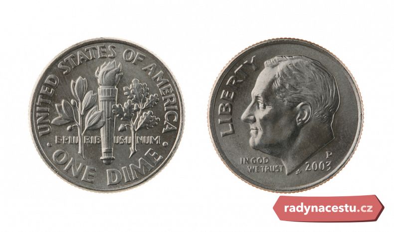 Na deseticentové minci stojí nápis ONE DIME 