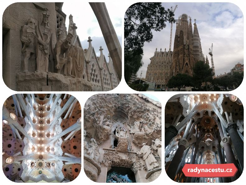 Pohledy na katedrálu Sagrada Família zvenčí i zevnitř
