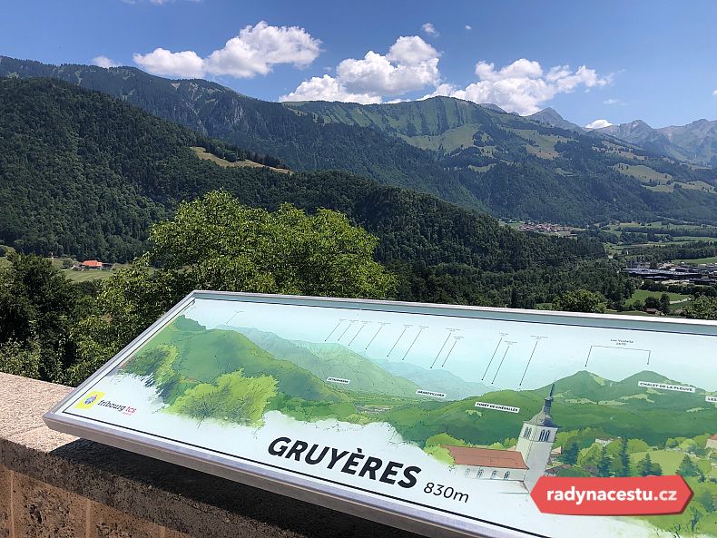 Pod hradem se rozprostírá typická švýcarská krajina