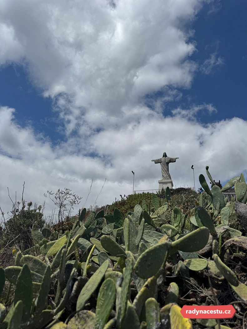Socha Ježíše Krista obklopená kaktusy